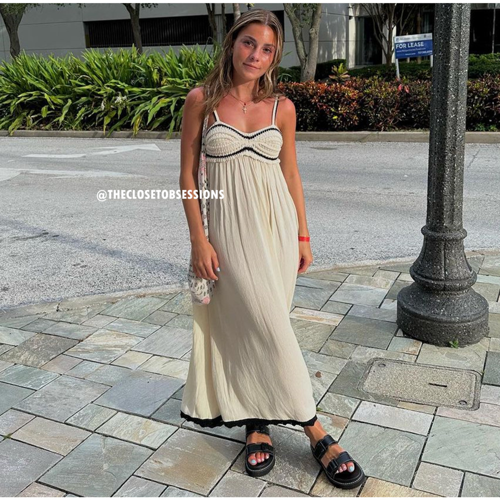 Zara Cream Ecru Maxi Dress Contrast Trim Flowy Boho Resort Vacation Size M NWT - Picture 10 of 16